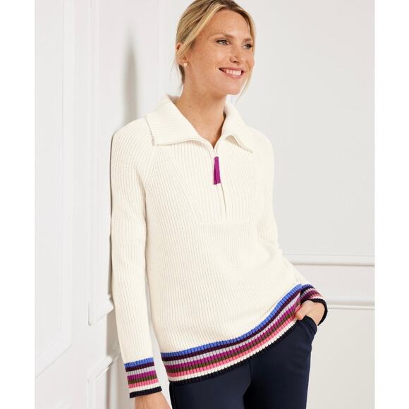 Talbots Cream Knit Stripe Collar Quarter-Zip Sweater Pullover - Picture 1 of 8